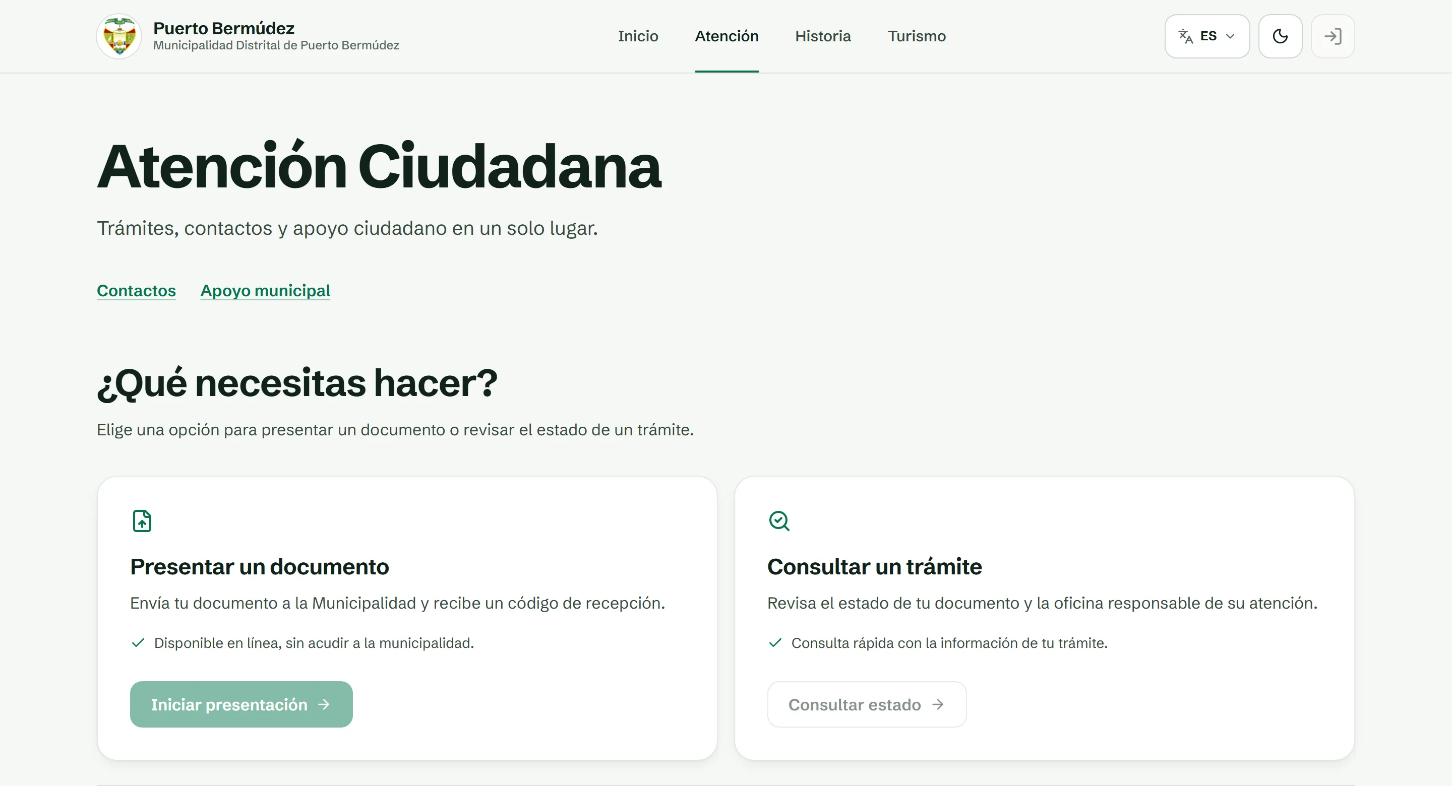 Página de atención ciudadana del portal, con opciones para presentar un documento o consultar el estado de un trámite.