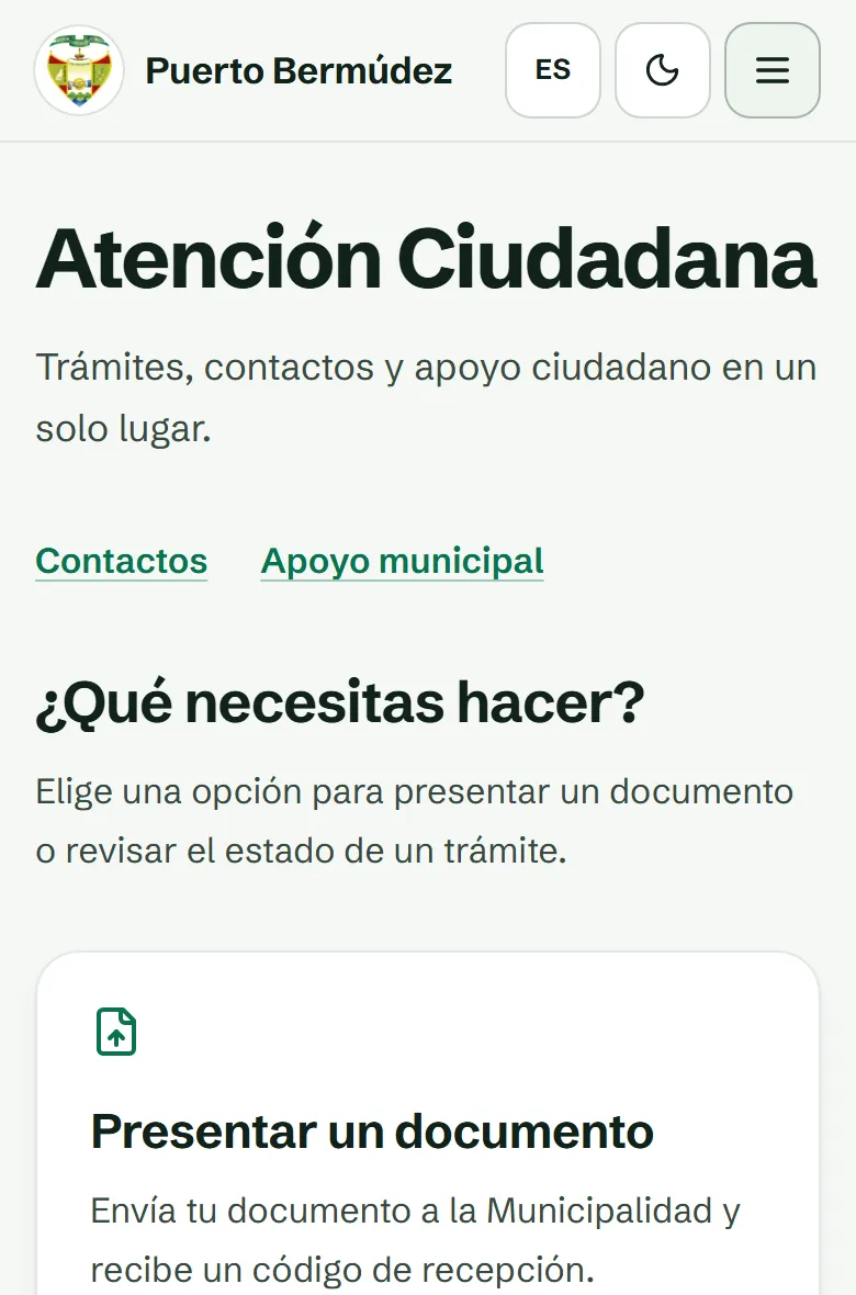 La misma página de atención ciudadana en la pantalla de un teléfono.